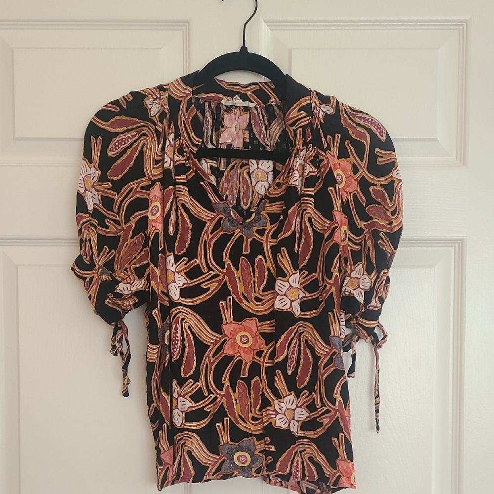 Christian Siriano Black Floral Tie-Sleeve Blouse with Pink & Brown Accents